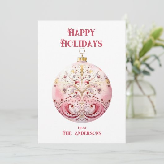 Waterverf Pink Bauble gepersonaliseerd Feestdagenkaart (Staand voorkant)
