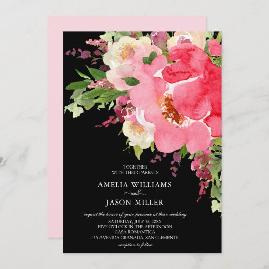 Waterverf Pink Black Floral Wedding Invitations (Voorkant / Achterkant)