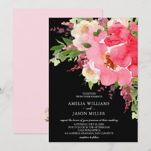Waterverf Pink Black Floral Wedding Invitations