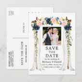 Waterverf Pink Blue Floral foto van bruiloft Aankondigingskaart (Voorkant / Achterkant)