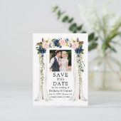 Waterverf Pink Blue Floral foto van bruiloft Aankondigingskaart (Staand voorkant)