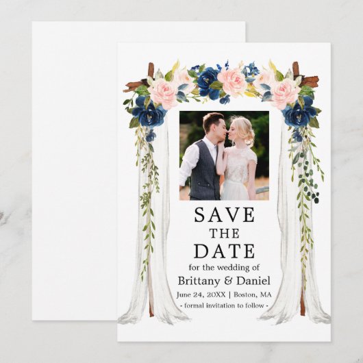 Waterverf Pink Blue Floral foto van bruiloft Save The Date (Voorkant / Achterkant)