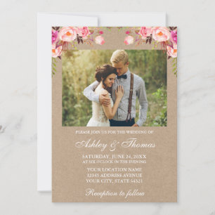 Waterverf Pink Blush Floral Foto Weddenschap Kraft Kaart
