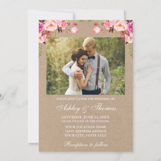 Waterverf Pink Blush Floral Foto Weddenschap Kraft Kaart (Voorkant)
