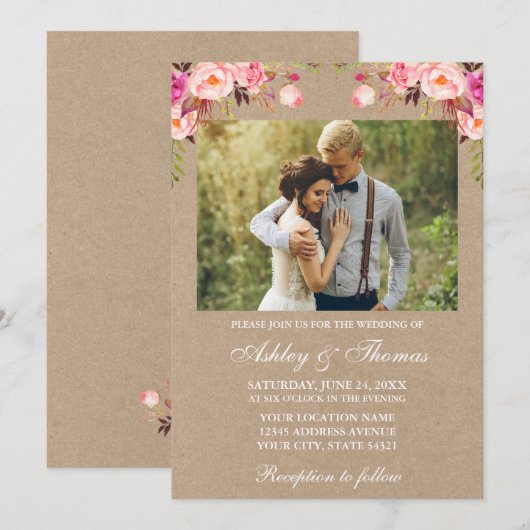 Waterverf Pink Blush Floral Foto Weddenschap Kraft Kaart (Voorkant / Achterkant)