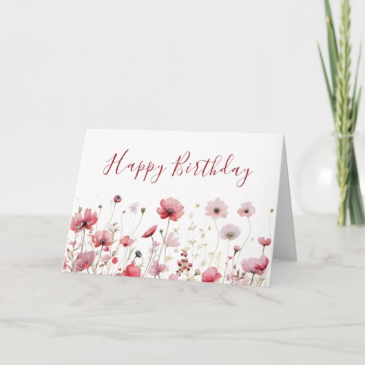 Waterverf Pink Boho Wildflower Happy Birthday Kaart (Voorkant)