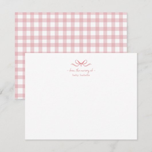 Waterverf Pink Bow gingham Baby meisje Bedankkaart (Voorkant / Achterkant)