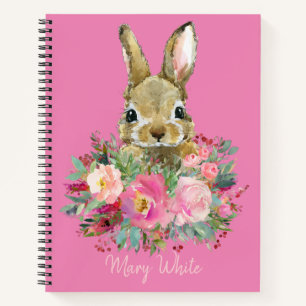 Waterverf Pink Bunny Floral Cute Personalized  Notitieboek