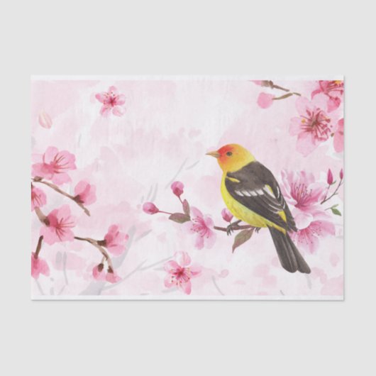 Waterverf Pink Cherry Blossom Flowers en Bird Tissuepapier (Voorkant)
