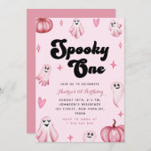 Waterverf Pink Cute Ghost Spooky One 1st Birthday Kaart (Voorkant / Achterkant)