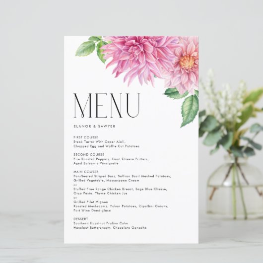 Waterverf Pink Dahlia Flowers Floral Menu Kaart (Staand voorkant)