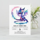 Waterverf Pink Dragon Digitaal Meisje Verjaardag Kaart (Staand voorkant)