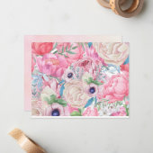 Waterverf Pink en Blush Peonies lente zomer Notitiekaartje (Voorkant / Achterkant in situ)