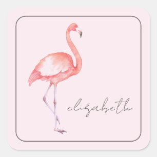 Waterverf Pink Flamingo gepersonaliseerd Vierkante Sticker