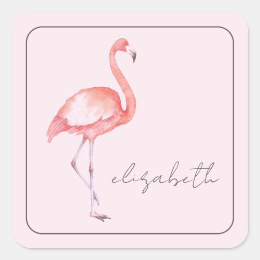 Waterverf Pink Flamingo gepersonaliseerd Vierkante Sticker (Voorkant)