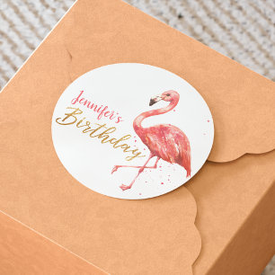 Waterverf Pink Flamingo Gold Verjaardag   Ronde Sticker