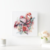 WATERVERF PINK FLAMINGO MET STROMEN VIERKANTE KLOK (Huis)