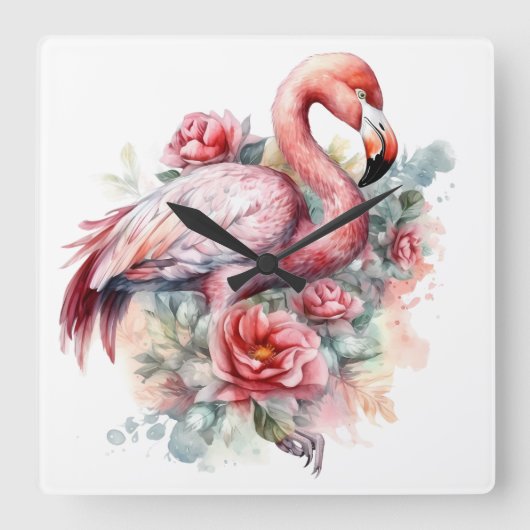 WATERVERF PINK FLAMINGO MET STROMEN VIERKANTE KLOK (Voorkant)