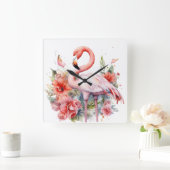 WATERVERF PINK FLAMINGO MET STROMEN VIERKANTE KLOK (Huis)