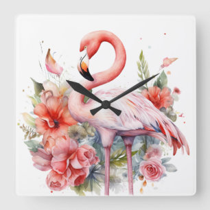WATERVERF PINK FLAMINGO MET STROMEN VIERKANTE KLOK