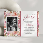 Waterverf Pink Floral 30th Birthday Party Kaart<br><div class="desc">Elegante uitnodiging voor een dertigste verjaardagsfeest met een roze waterverf florale achtergrond,  een foto van het verjaardagsmeisje,  en een 30e sjabloon die gemakkelijk te personaliseren is.</div>