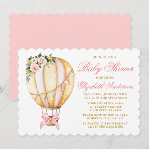Waterverf Pink Floral Air Ballon Bow Baby shower Kaart