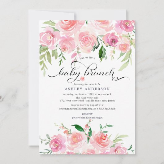 Waterverf Pink Floral Baby shower Brunch Kaart (Voorkant)