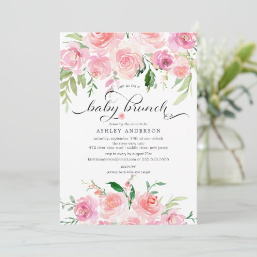 Waterverf Pink Floral Baby shower Brunch Kaart (Staand voorkant)