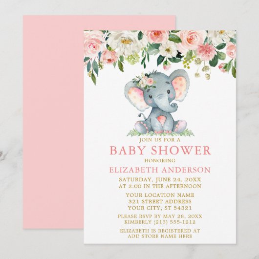 Waterverf Pink Floral Baby shower Elephant Gold Kaart (Voorkant / Achterkant)