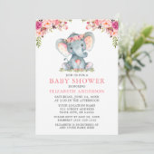 Waterverf Pink Floral Baby shower Elephant Kaart (Staand voorkant)