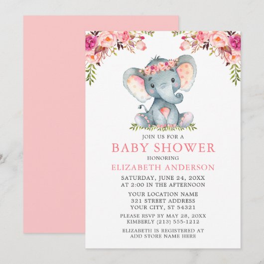 Waterverf Pink Floral Baby shower Elephant Kaart (Voorkant / Achterkant)