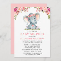 Waterverf Pink Floral Baby shower Elephant