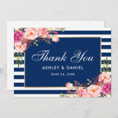 Waterverf Pink Floral Blue Stripes Wedding Bedankkaart (Voorkant / Achterkant)