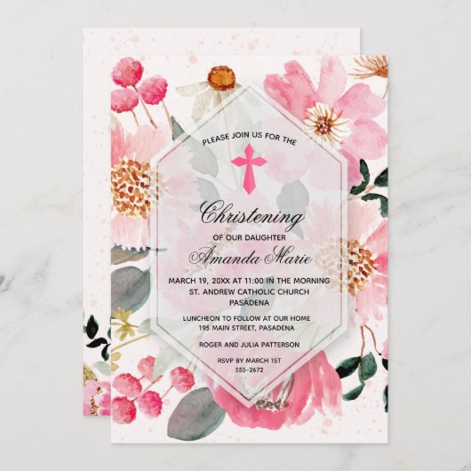 Waterverf Pink Floral Christening Kaart (Voorkant / Achterkant)