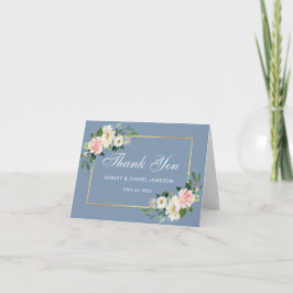 Waterverf Pink Floral Dusty Blue Gold Wedding Bedankkaart