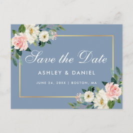 Waterverf Pink Floral Dusty Blue Save the Date Briefkaart