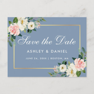 Waterverf Pink Floral Dusty Blue Save the Date Briefkaart