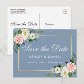 Waterverf Pink Floral Dusty Blue Save the Date Briefkaart (Voorkant / Achterkant)