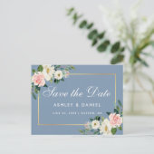 Waterverf Pink Floral Dusty Blue Save the Date Briefkaart (Staand voorkant)