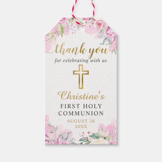 Waterverf Pink Floral Eerste Heilige Communie Cadeaulabel (Voorkant)