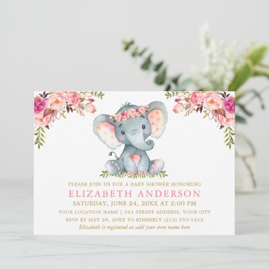 Waterverf Pink Floral Elephant Baby shower Gold Kaart (Staand voorkant)
