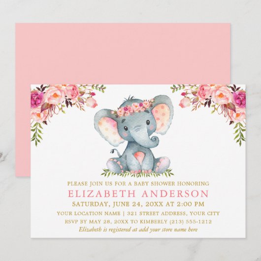 Waterverf Pink Floral Elephant Baby shower Gold Kaart (Voorkant / Achterkant)