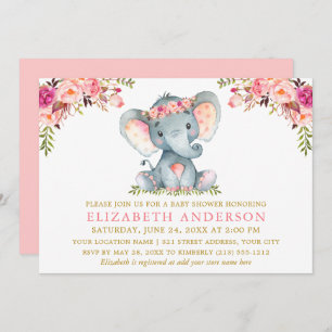 Waterverf Pink Floral Elephant Baby shower Gold Kaart