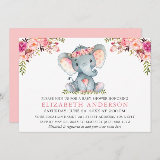 Waterverf Pink Floral Elephant Baby shower Kaart (Voorkant / Achterkant)