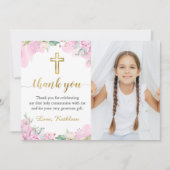 Waterverf Pink Floral First Heilige Communfoto Bedankkaart (Voorkant)