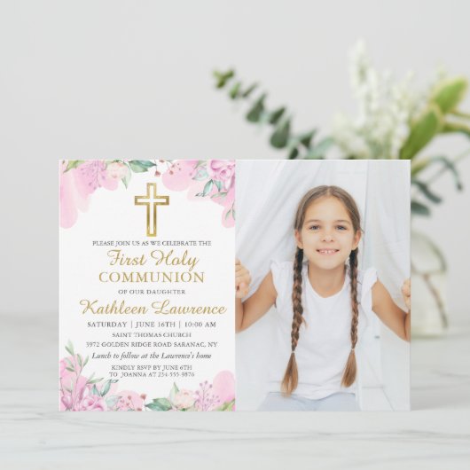 Waterverf Pink Floral First Heilige Communfoto Kaart (Staand voorkant)