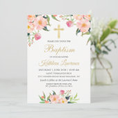Waterverf Pink Floral Girl Baptism Uitnodiging (Staand voorkant)