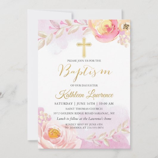 Waterverf Pink Floral Girl Baptism Uitnodiging (Voorkant)