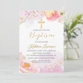 Waterverf Pink Floral Girl Baptism Uitnodiging (Staand voorkant)