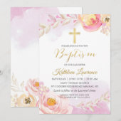 Waterverf Pink Floral Girl Baptism Uitnodiging (Voorkant / Achterkant)